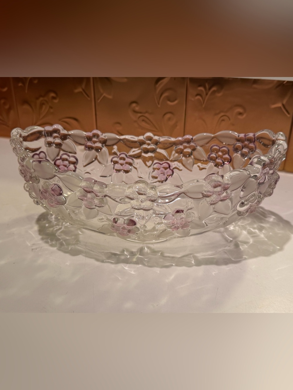 Vintage Mikasa Carmen Rose Clear Glass Floral Serving Bowl with Purple Accents